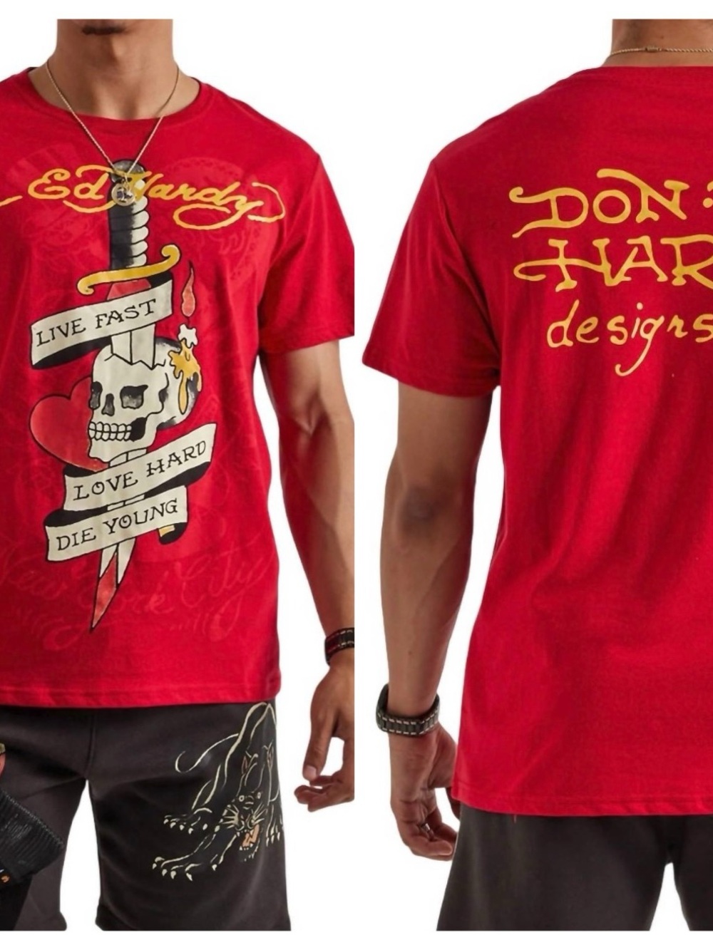 Ed Hardy Red Short-Sleeve Graphic Tee with Yellow Accents